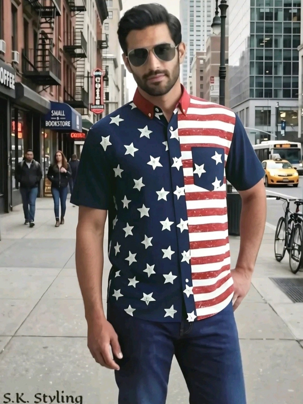 Red Head Men's Button-up Shirt July 4th Americana Flag Patriotic Cotton Medium